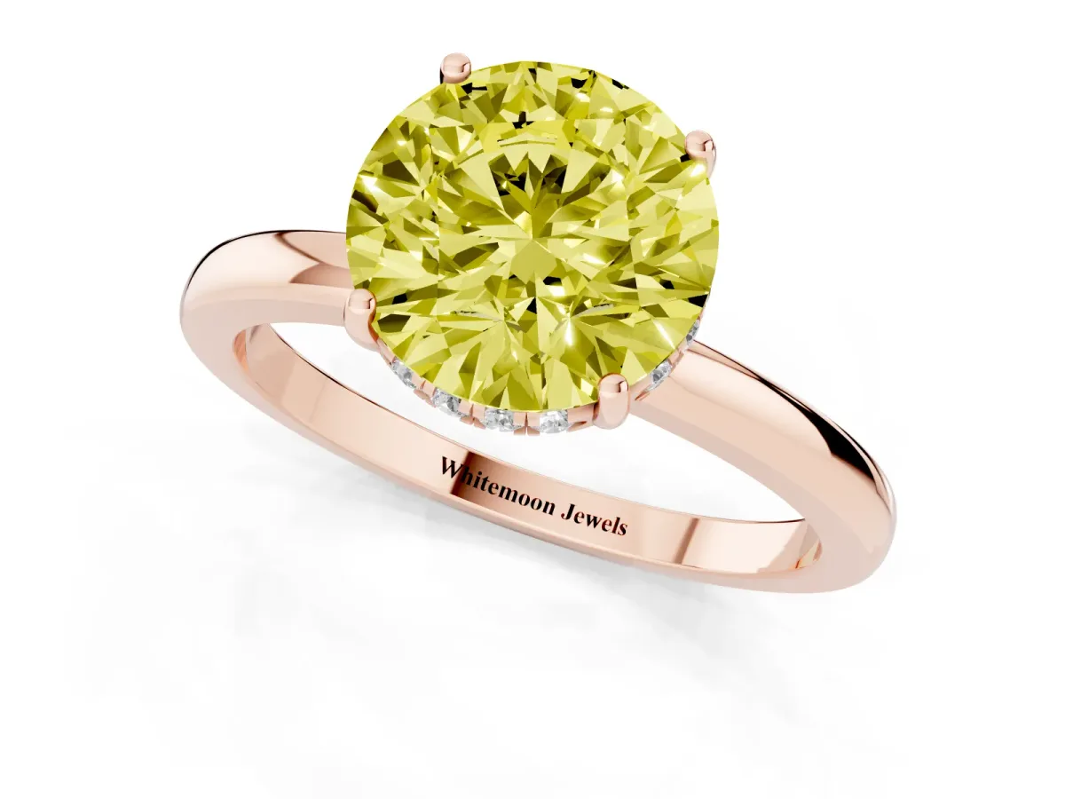 Fancy Yellow Round Cut Solitaire Diamond Ring with Prong Setting and Plain Band Rose gold