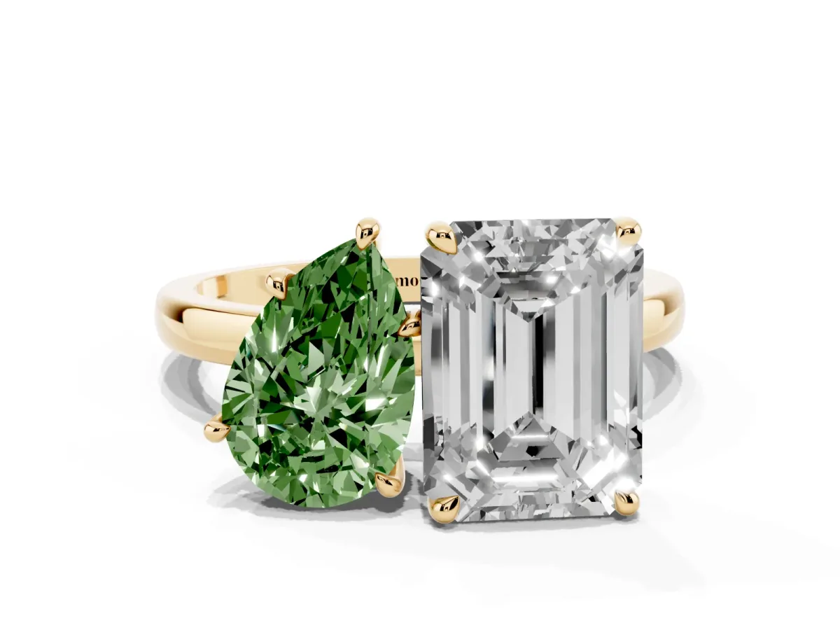 Fancy Green Pear Cut and Emerald Cut Toi Moi Ring with Prong Setting Yellow gold