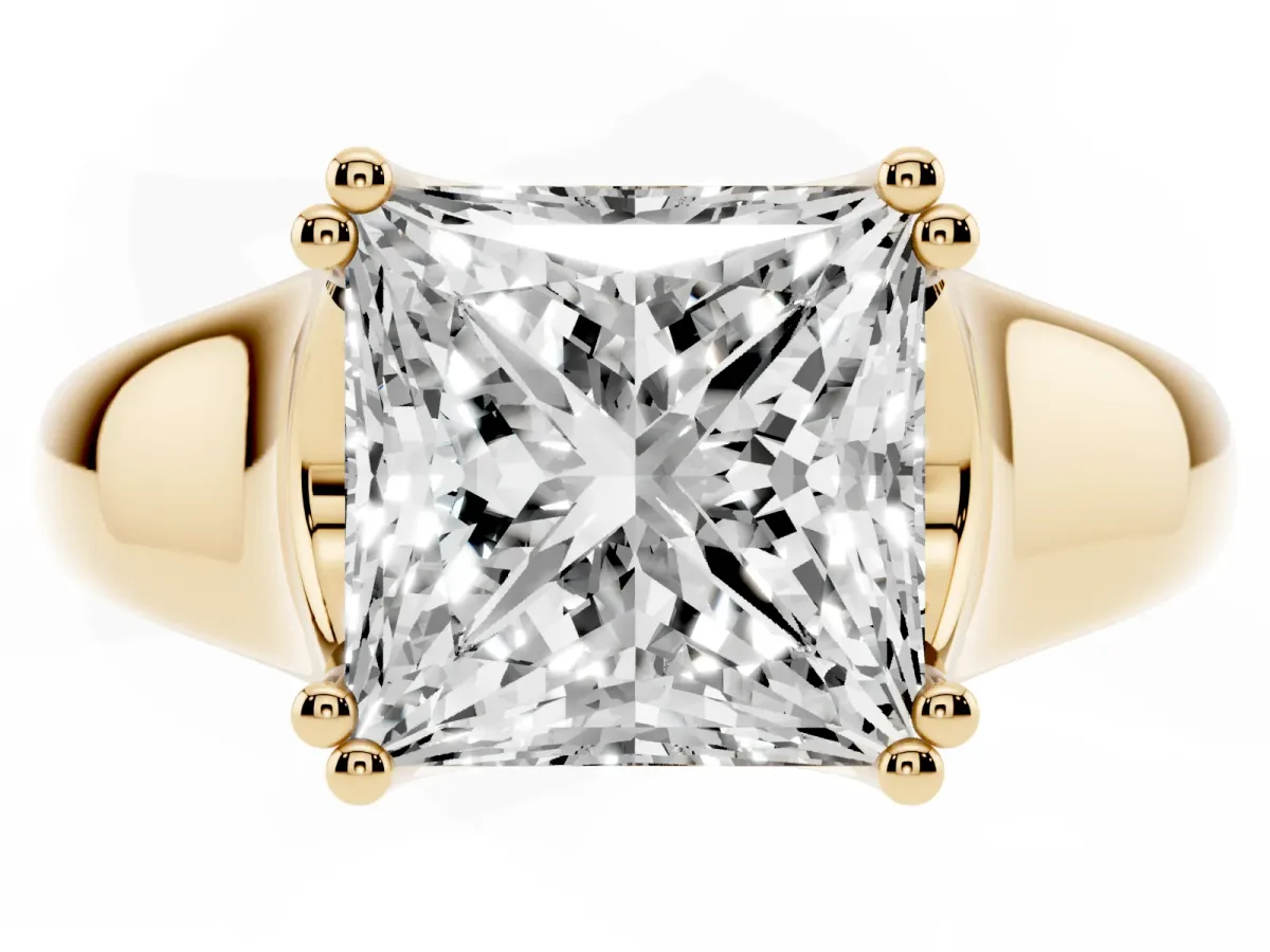 Princess Cut Diamond Solitaire Ring with Wide Band and Prong Setting Yellow gold
