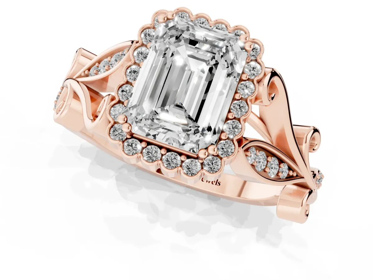 Emerald Cut Diamond Halo Ring with Vintage Split Shank and Four-Prong Setting Rose gold