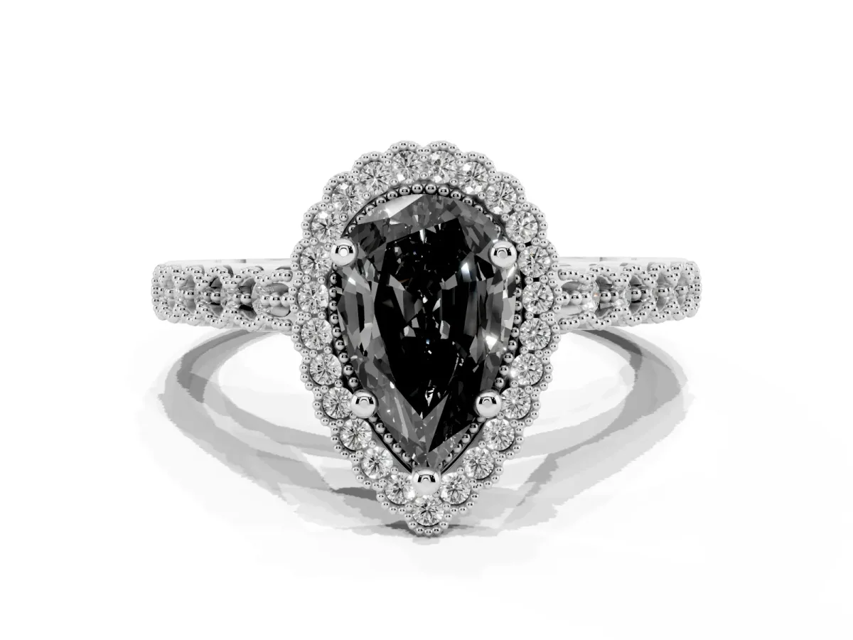 Fancy Black Pear Cut Cut Halo Pavé Solitaire Ring with Milgrain Band Platinum