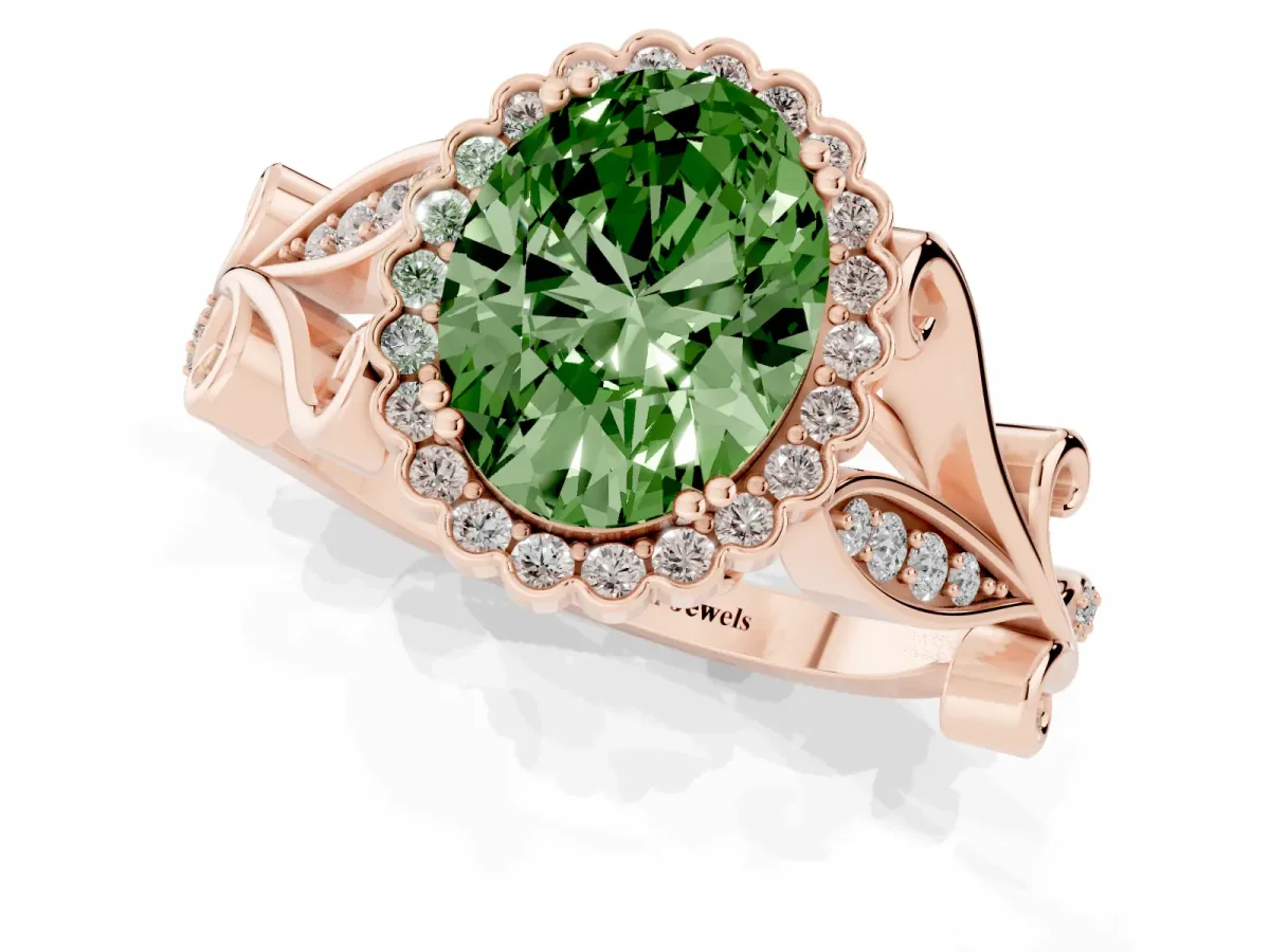 Fancy Green Oval Cut Diamond Halo Ring with Vintage Split Shank and Four-Prong Setting Rose gold