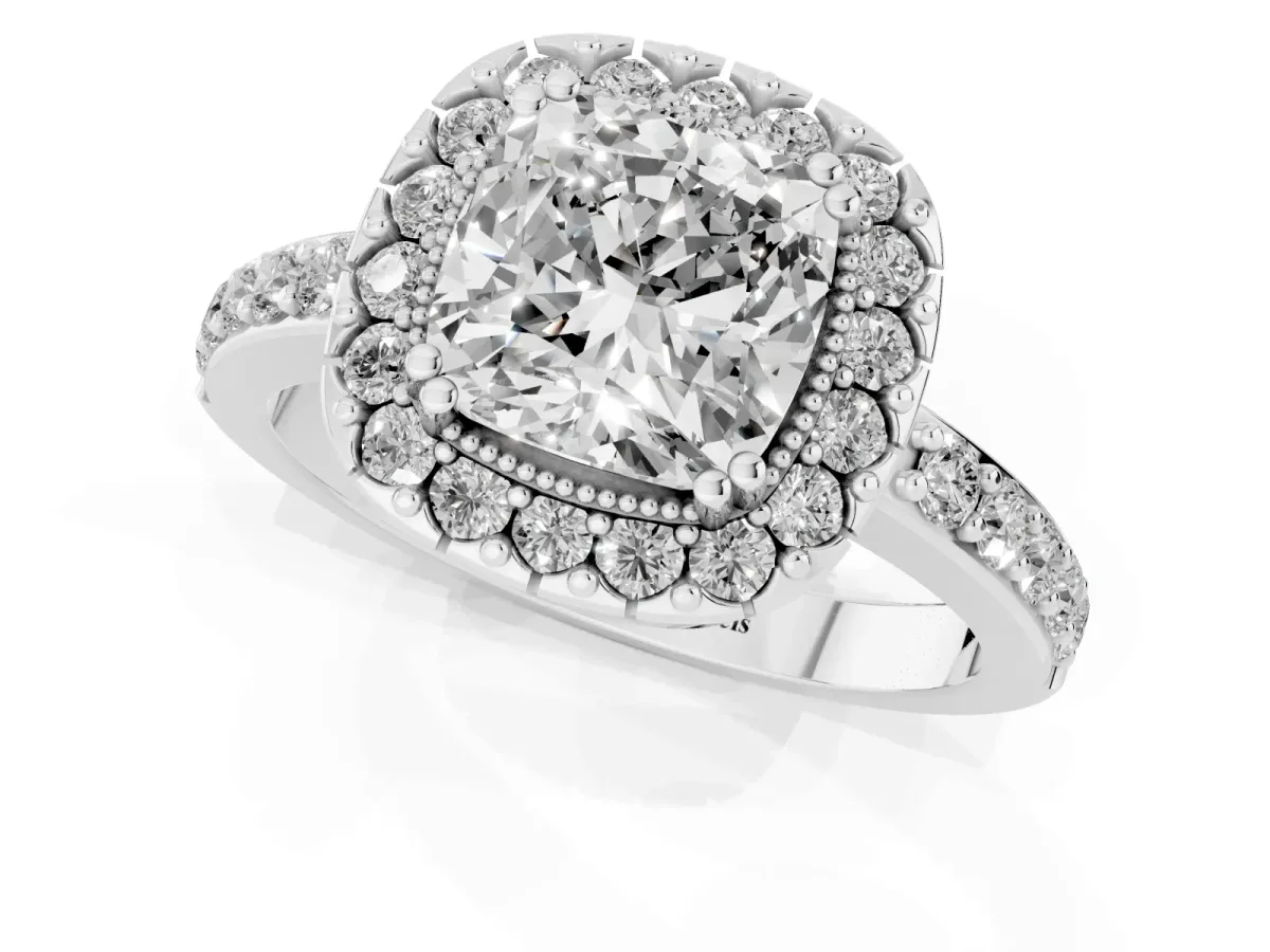 Cushion Cut Diamond Halo Ring with Pavé Band and Prong Setting Silver