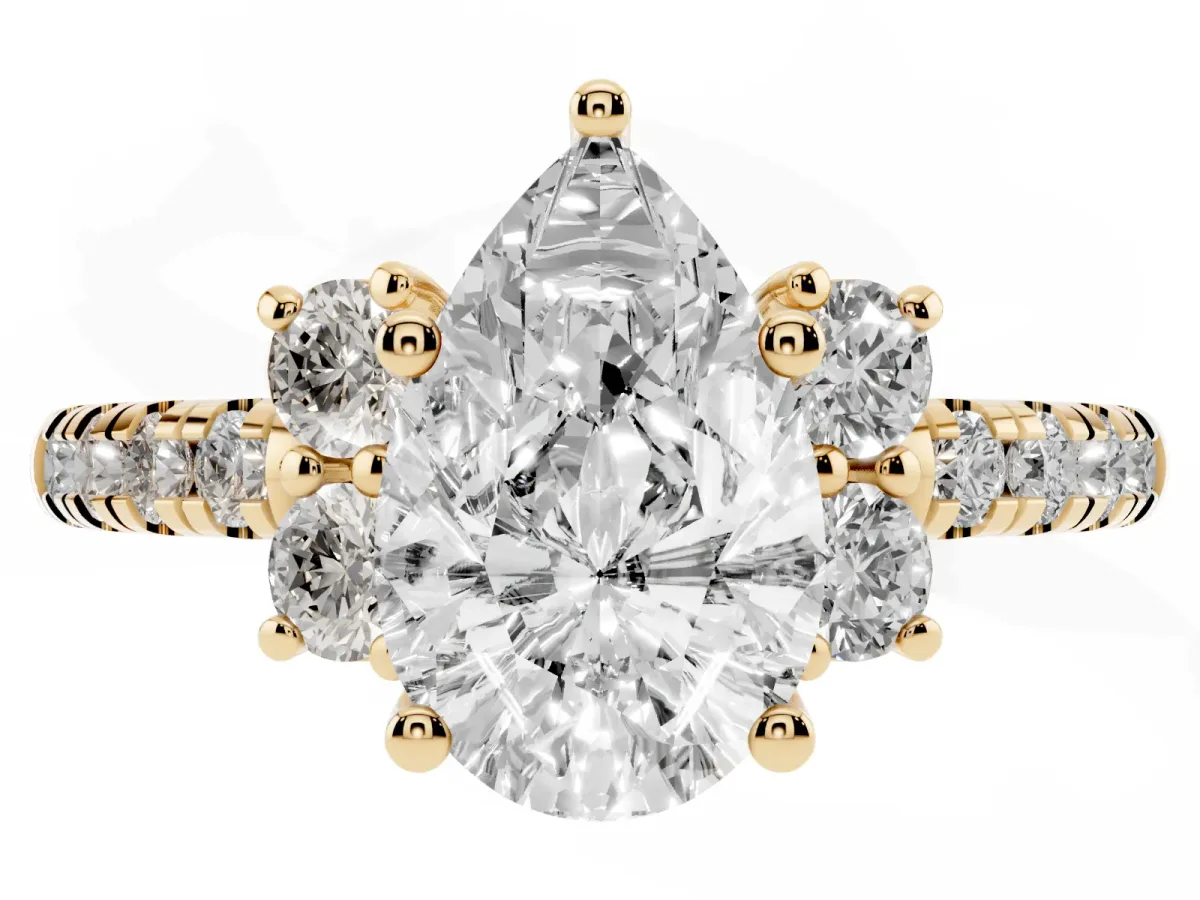 Pear Cut Diamond Three-Stone Pave Band with Four-Prong Setting Yellow gold