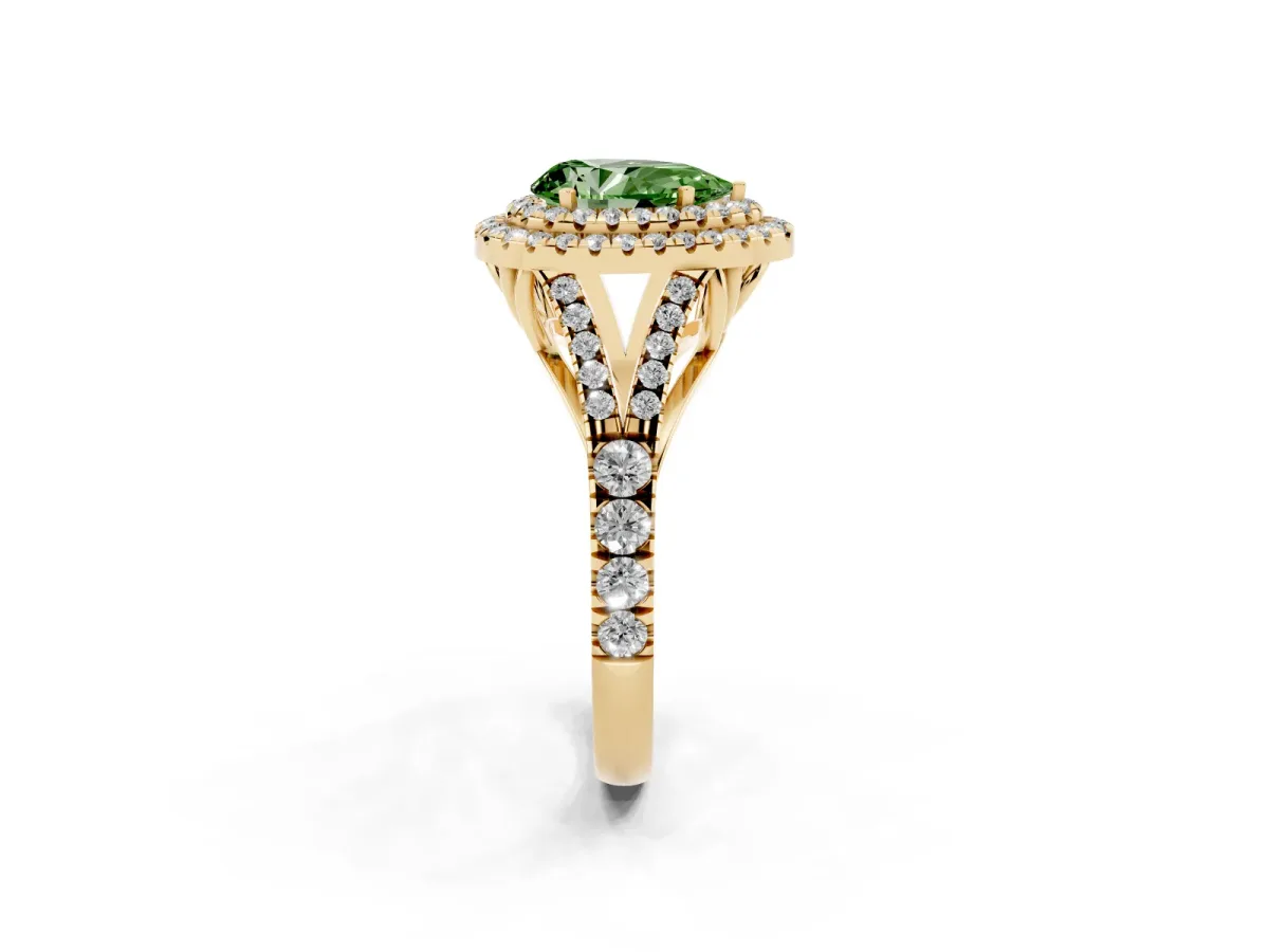 Fancy Green Double Halo Pear Cut Diamond Split Shank Engagement Ring with Four-Prong Setting Yellow gold