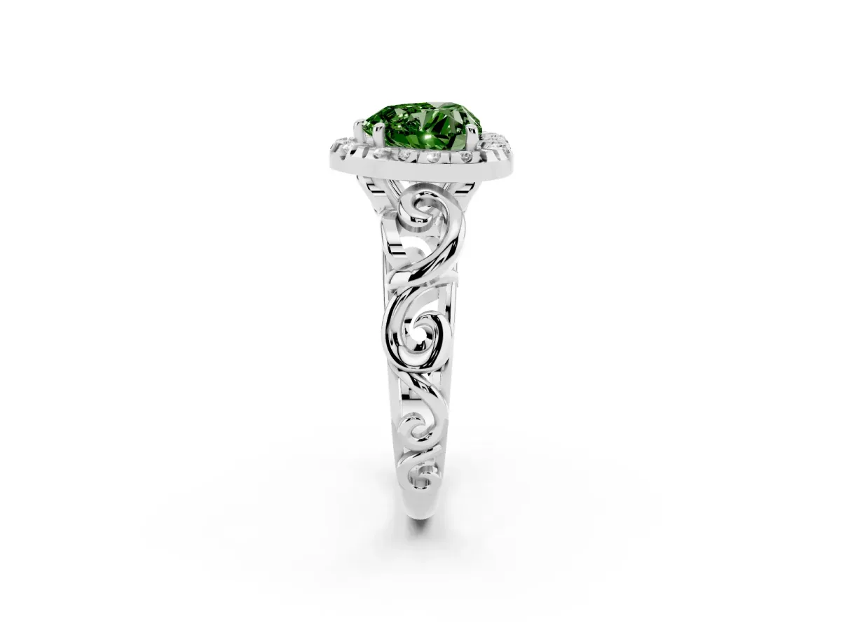 Fancy Green Heart Cut Cut Halo Diamond Ring with Scrollwork Band and Four-Prong Setting Silver