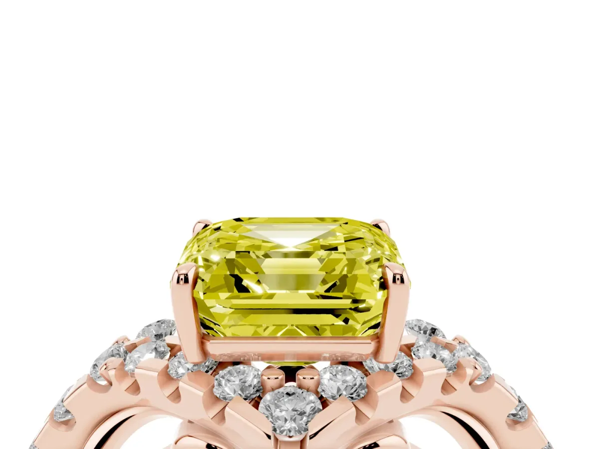 Fancy Yellow Asscher Cut Diamond Solitaire Ring with Hidden Halo and Pavé Band Rose gold