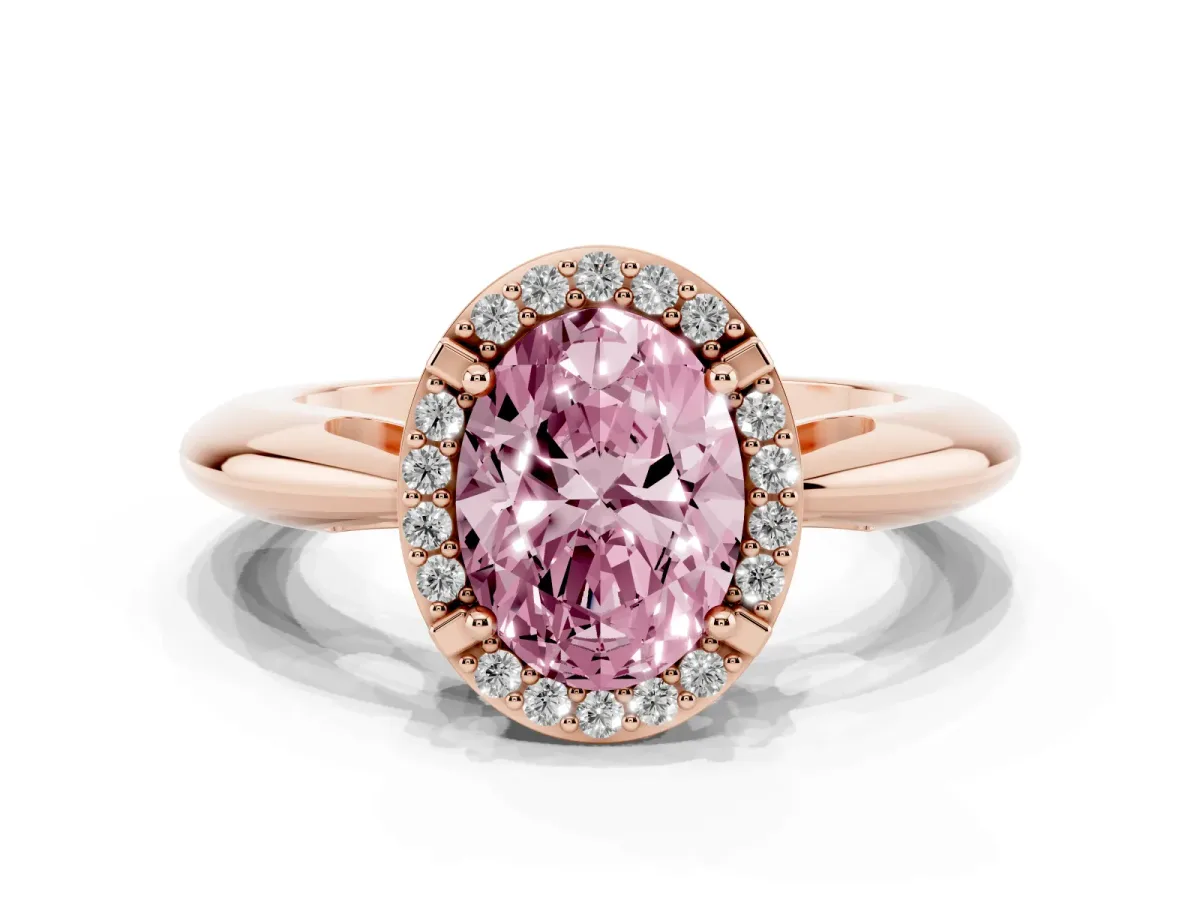 Fancy Pink Oval Cut Cut Diamond Halo Engagement Ring with Split Shank and Four-Prong Setting Rose gold