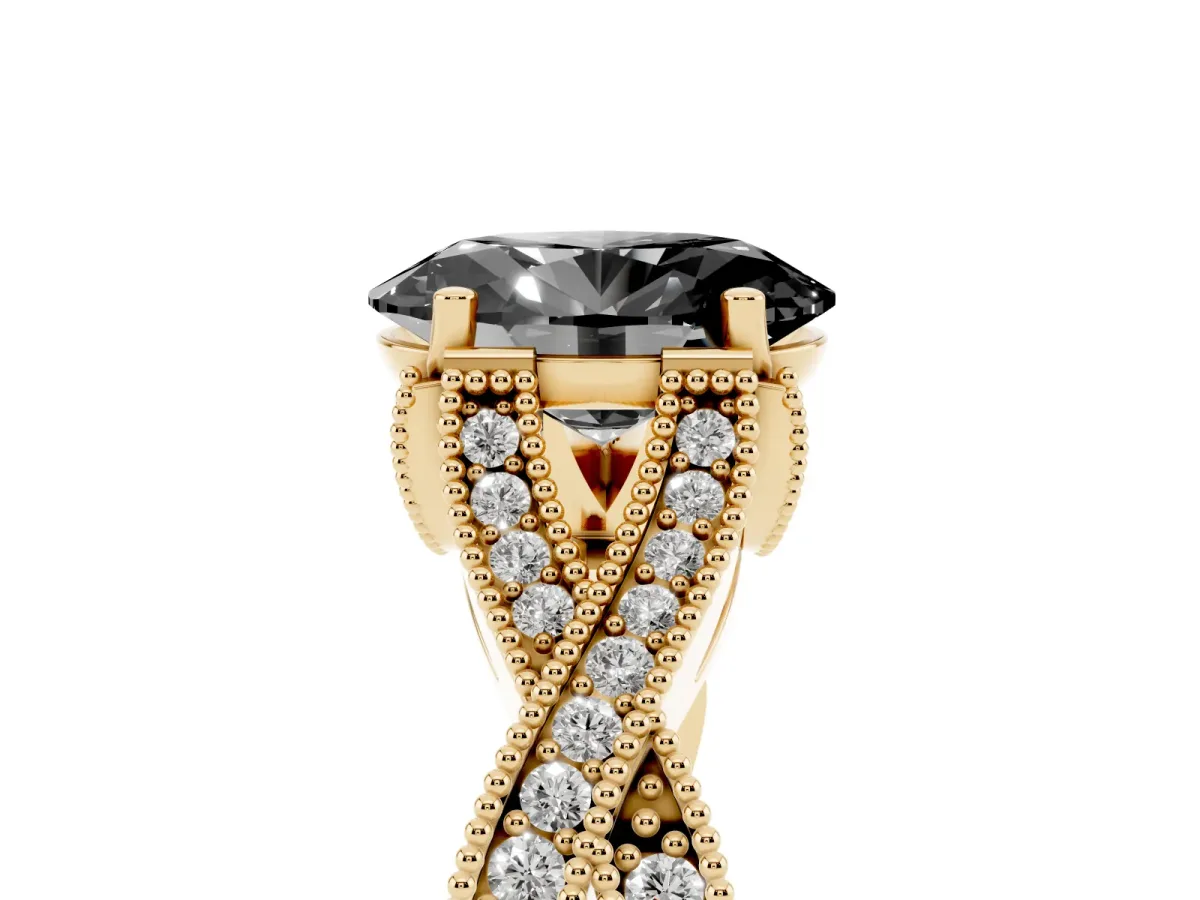 Fancy Black Oval Cut Cut Diamond Twisted Band with Milgrain Pave Setting and Four-Prong Setting Yellow gold