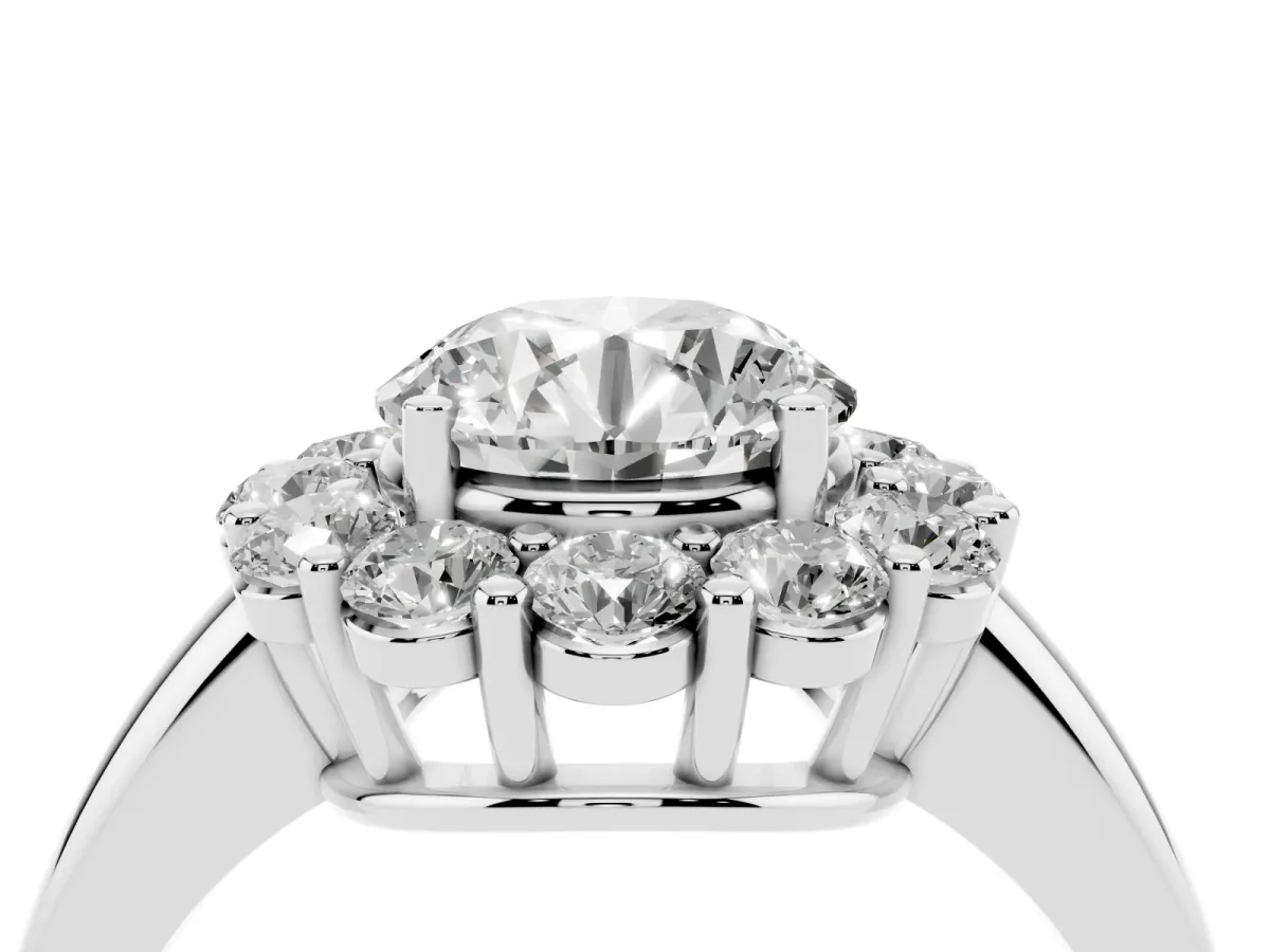 Round Cut Halo Cluster Diamond Engagement Ring with Prong Setting and Polished Band Silver