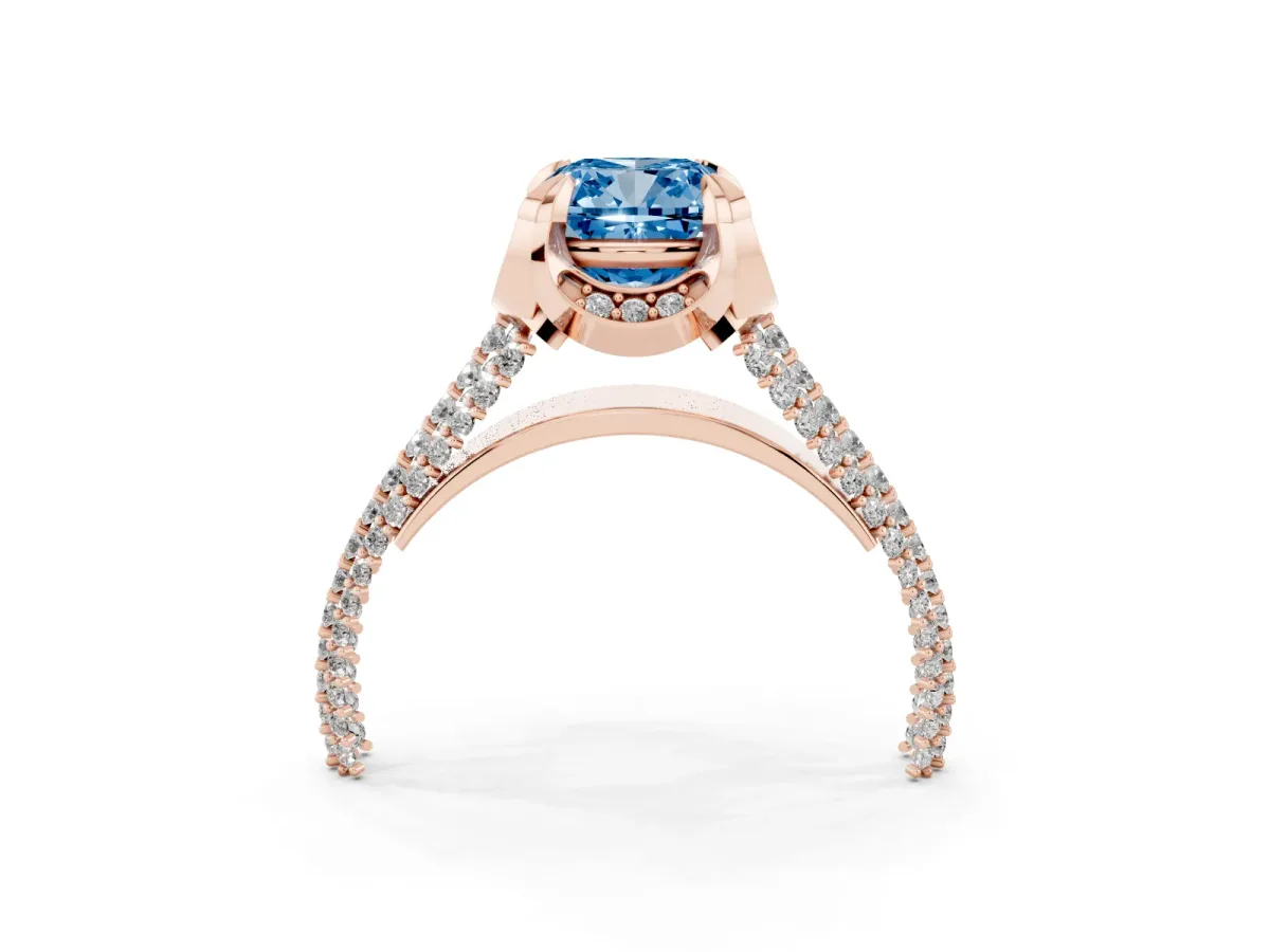 Fancy Blue Cushion Cut Solitaire Pave Split Shank Ring with Four-Prong Setting Rose gold