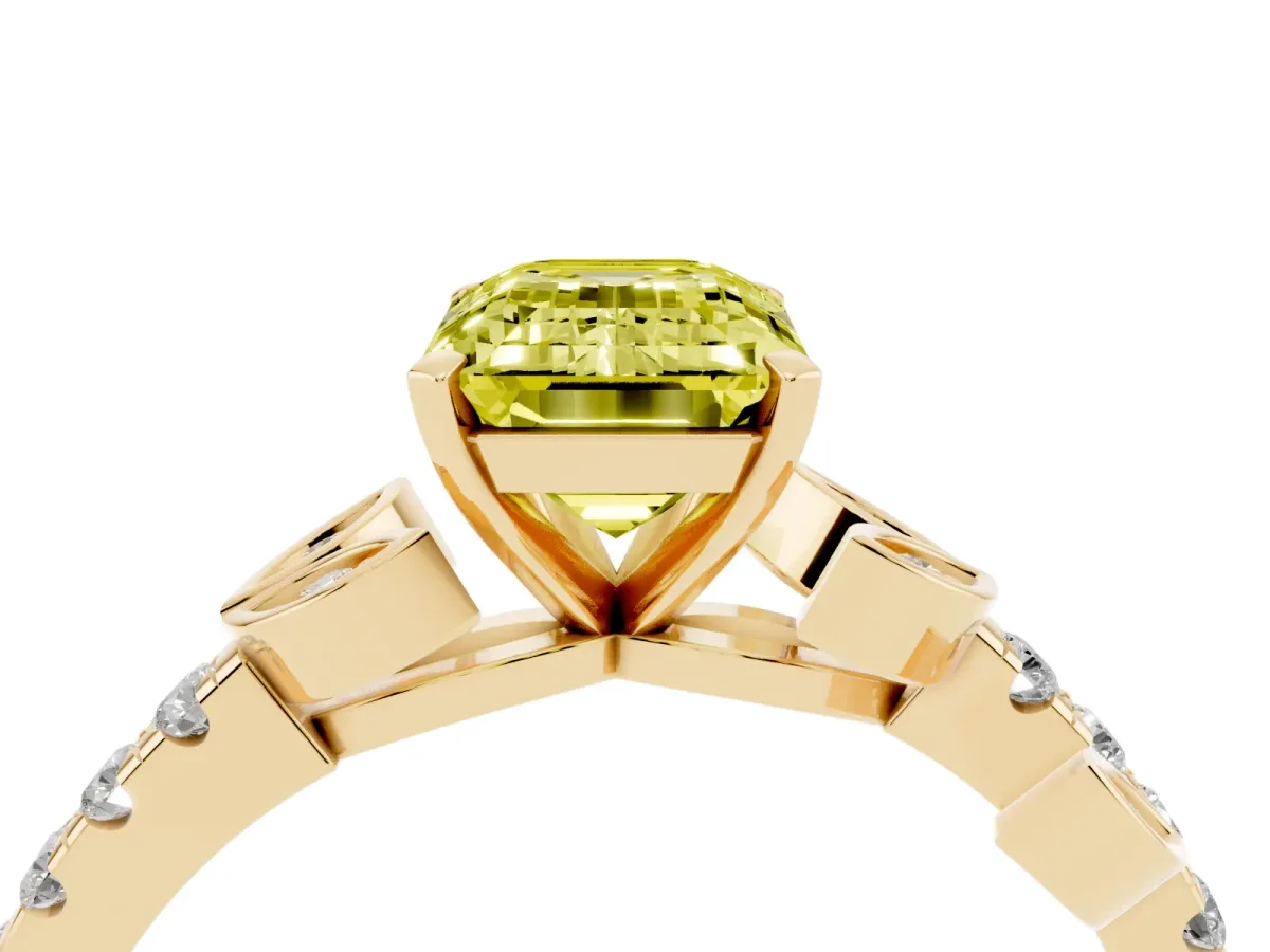 Fancy Yellow Emerald Cut Solitaire Leaf-Inspired Diamond Ring with Pavé Band and Four-Prong Setting Yellow gold