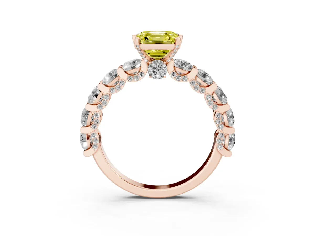 Fancy Yellow Asscher Cut Diamond Side Stone Engagement Ring with Four-Prong Setting Rose gold