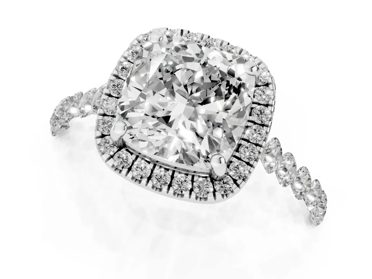 Cushion Cut Halo Pavé Diamond Engagement Ring with Four-Prong Setting Silver