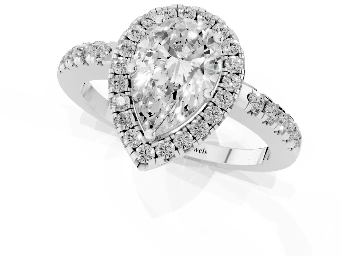 Pear Cut Halo Diamond Engagement Ring with Pavé Band and Four-Prong Setting White gold