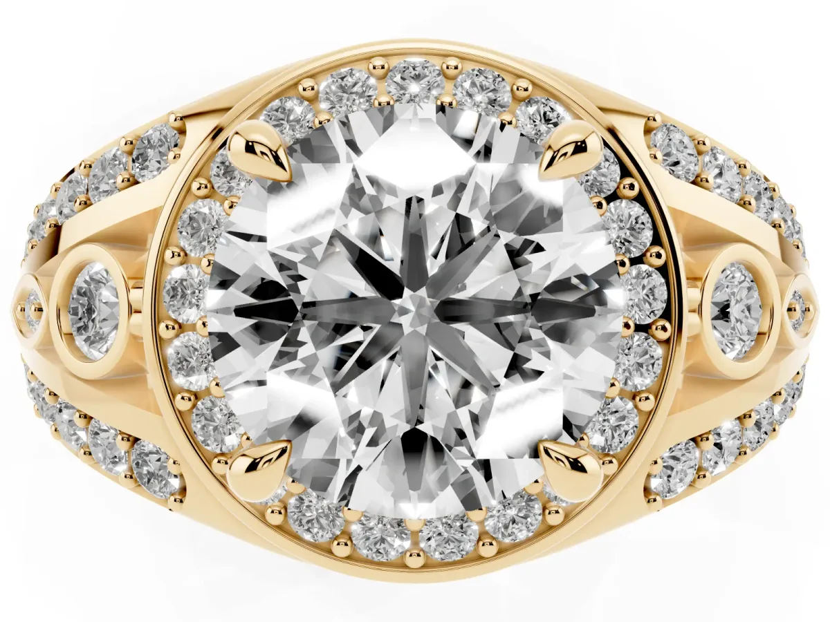 Round Cut Diamond Halo Ring with Split Shank and Bezel Accents and Four-Prong Setting Yellow gold