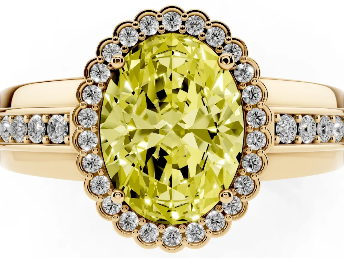 Fancy Yellow Oval Cut Cut Halo Pave Band Four-Prong Ring Yellow gold