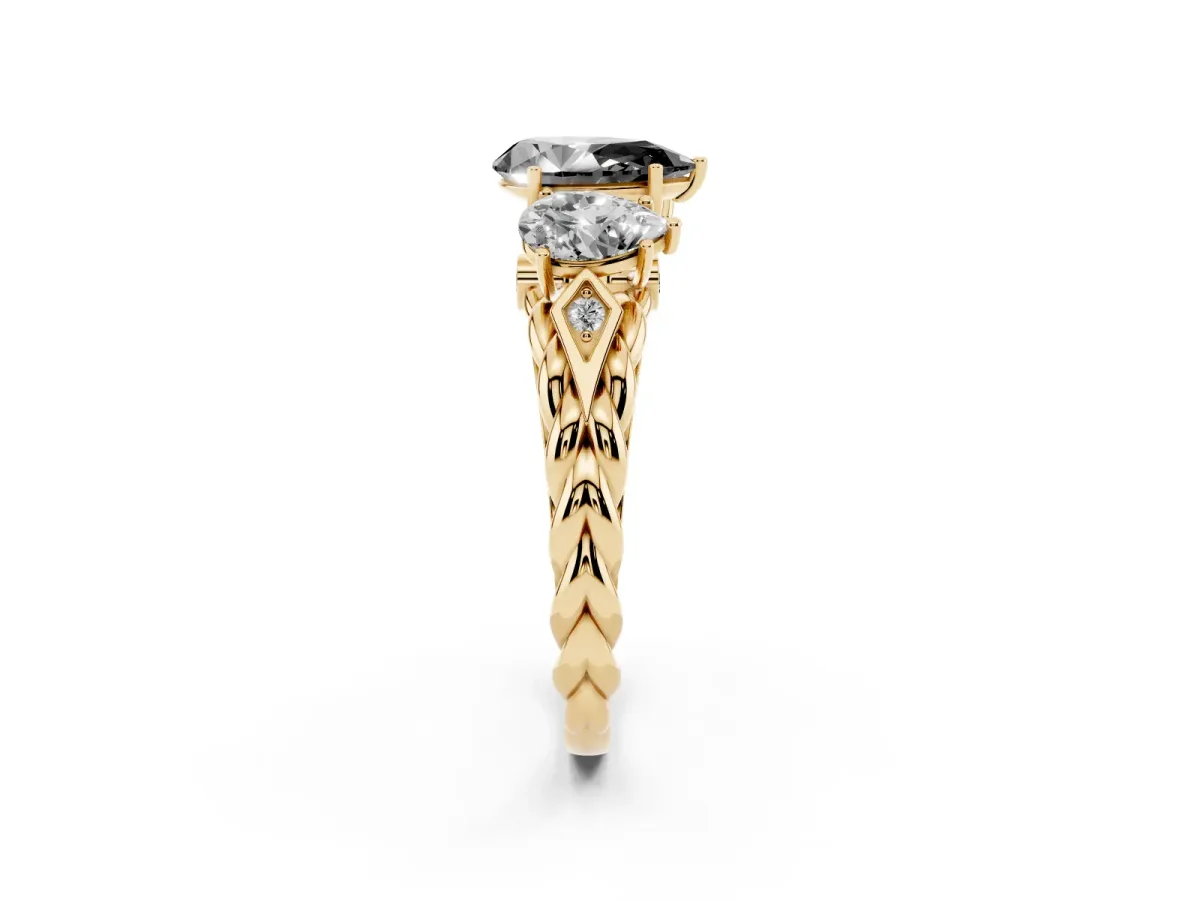 Fancy Black Three-Stone Pear Cut Diamond Braided Band Ring with Four-Prong Setting Yellow gold