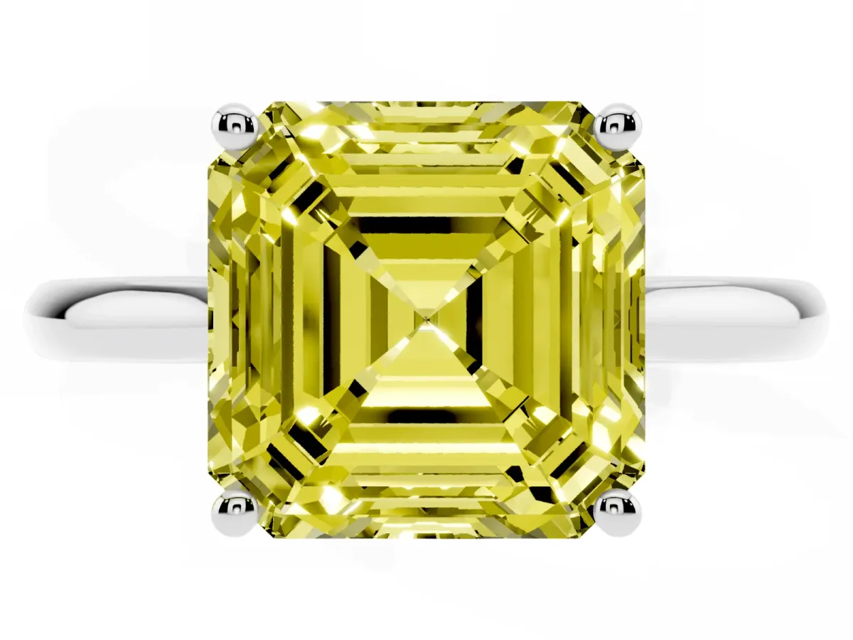 Fancy Yellow Asscher Cut Cut Solitaire Ring with Cathedral Band and Four-Prong Setting Silver