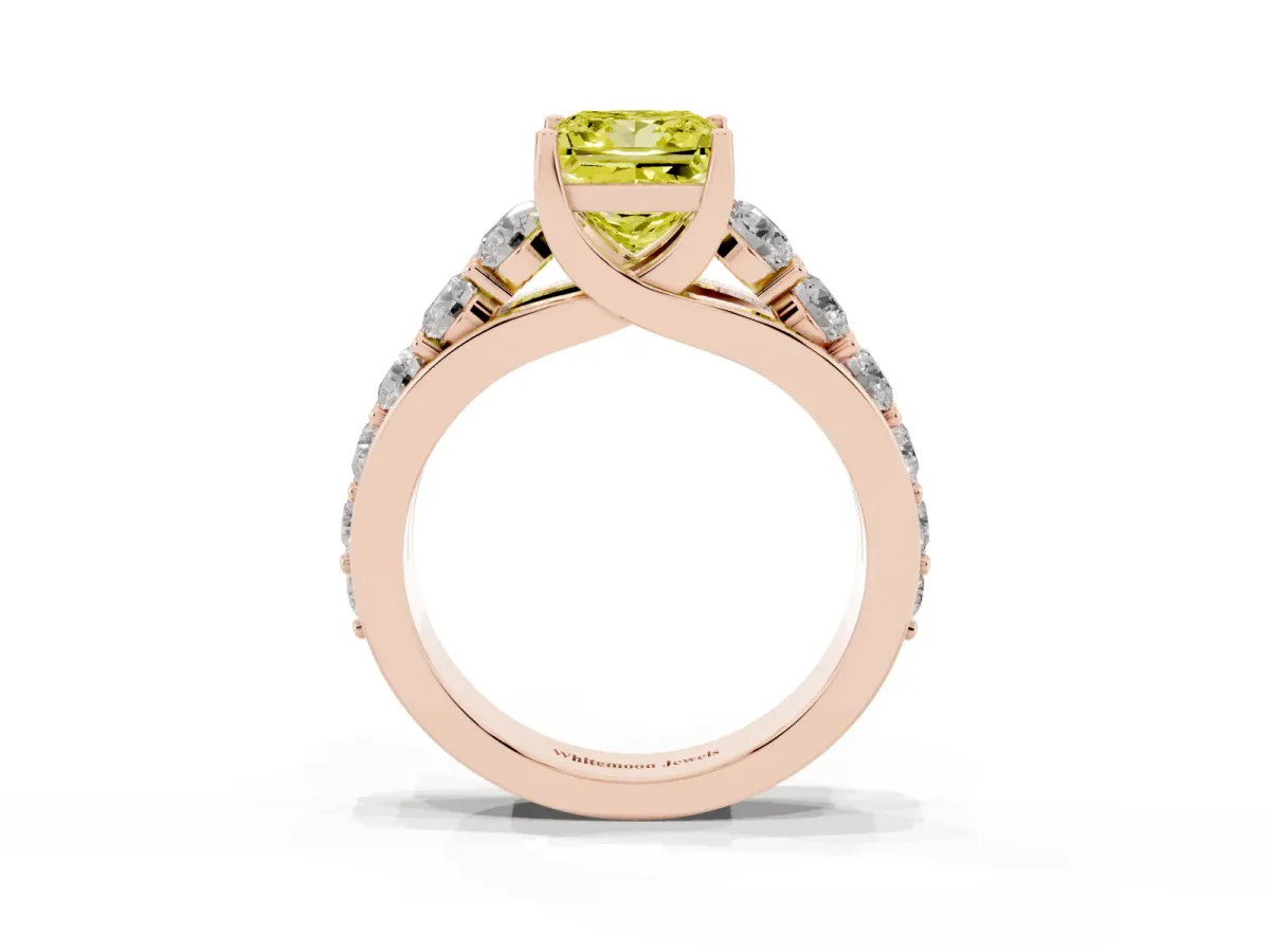 Fancy Yellow Princess Cut Diamond Engagement Ring with Pavé Band and Four-Prong Setting Rose gold