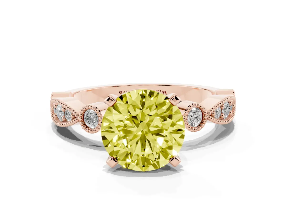 Fancy Yellow Round Cut Milgrain Bezel Diamond Engagement Ring with Solitaire Prong Setting Rose gold