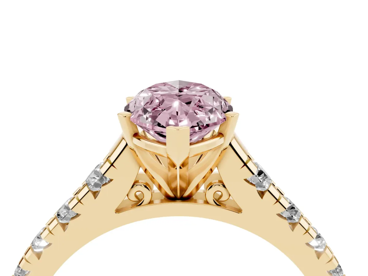 Fancy Pink Marquise Cut Diamond Cathedral Solitaire Ring with Round Pavé Band Yellow gold
