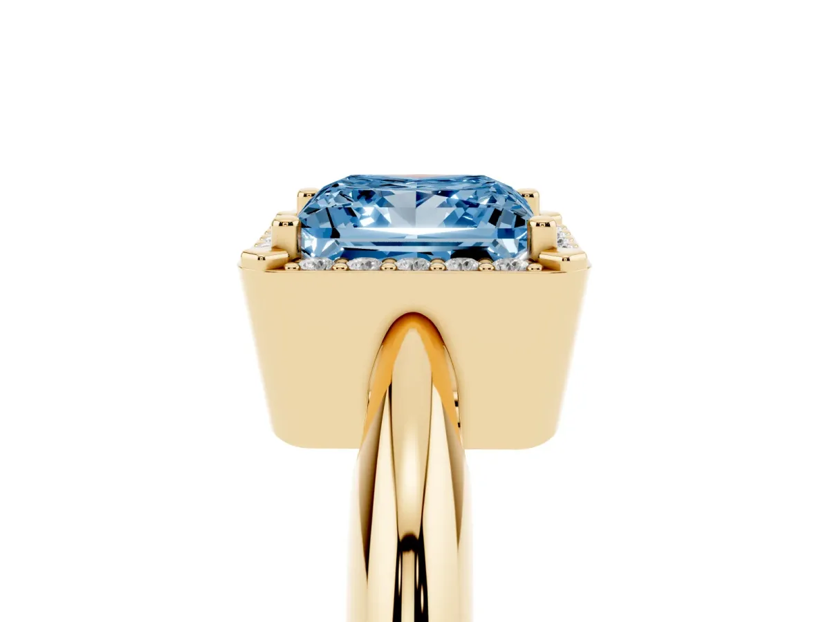 Fancy Blue Princess Cut Cut Diamond Halo Engagement Ring with Split Shank and Four-Prong Setting Yellow gold
