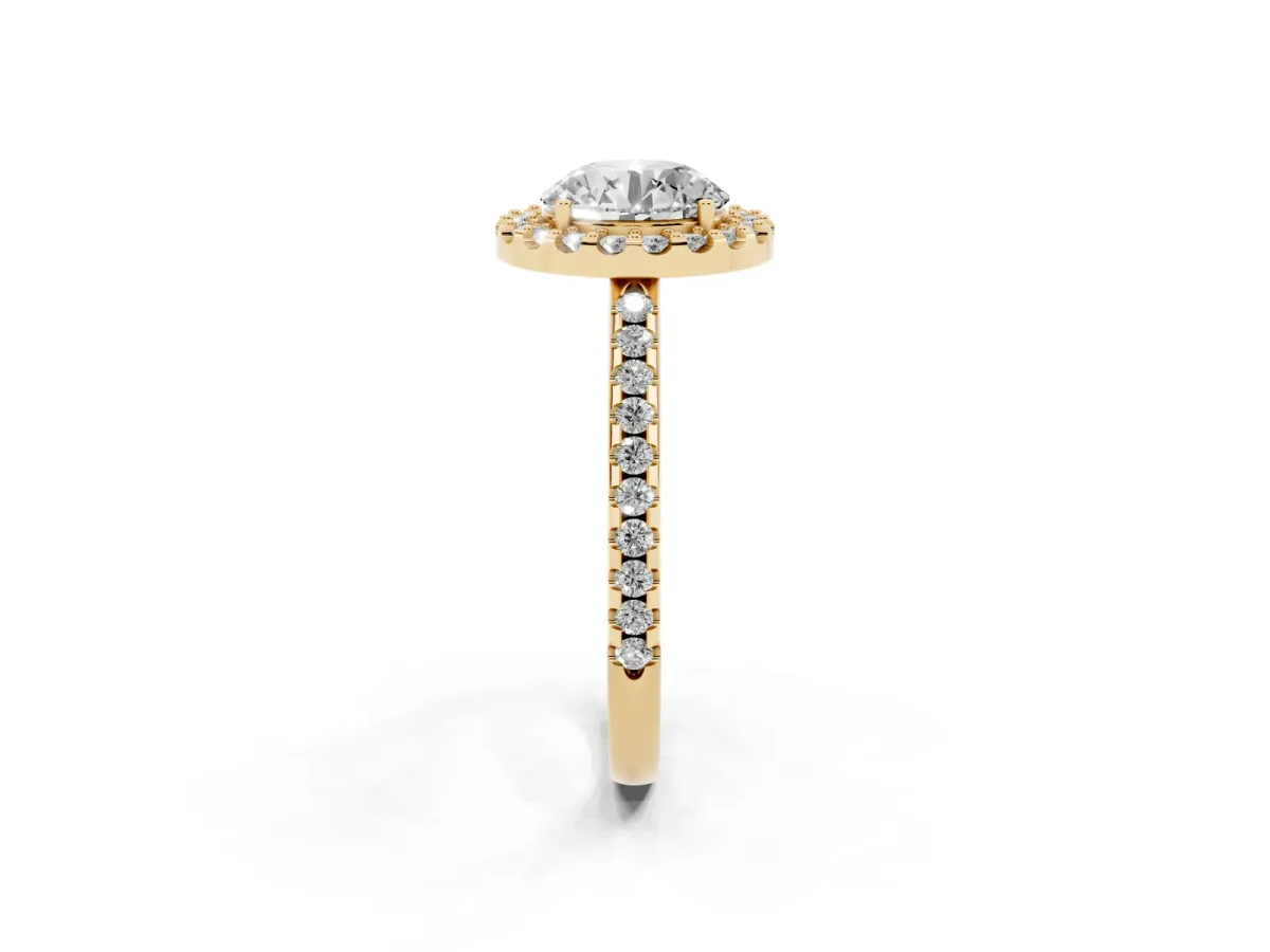 Round Cut Diamond Pavé Halo Ring with Four-Prong Setting Yellow gold