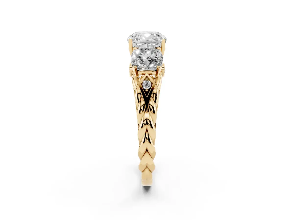 Three-Stone Cushion Cut Diamond Braided Band Ring with Four-Prong Setting Yellow gold