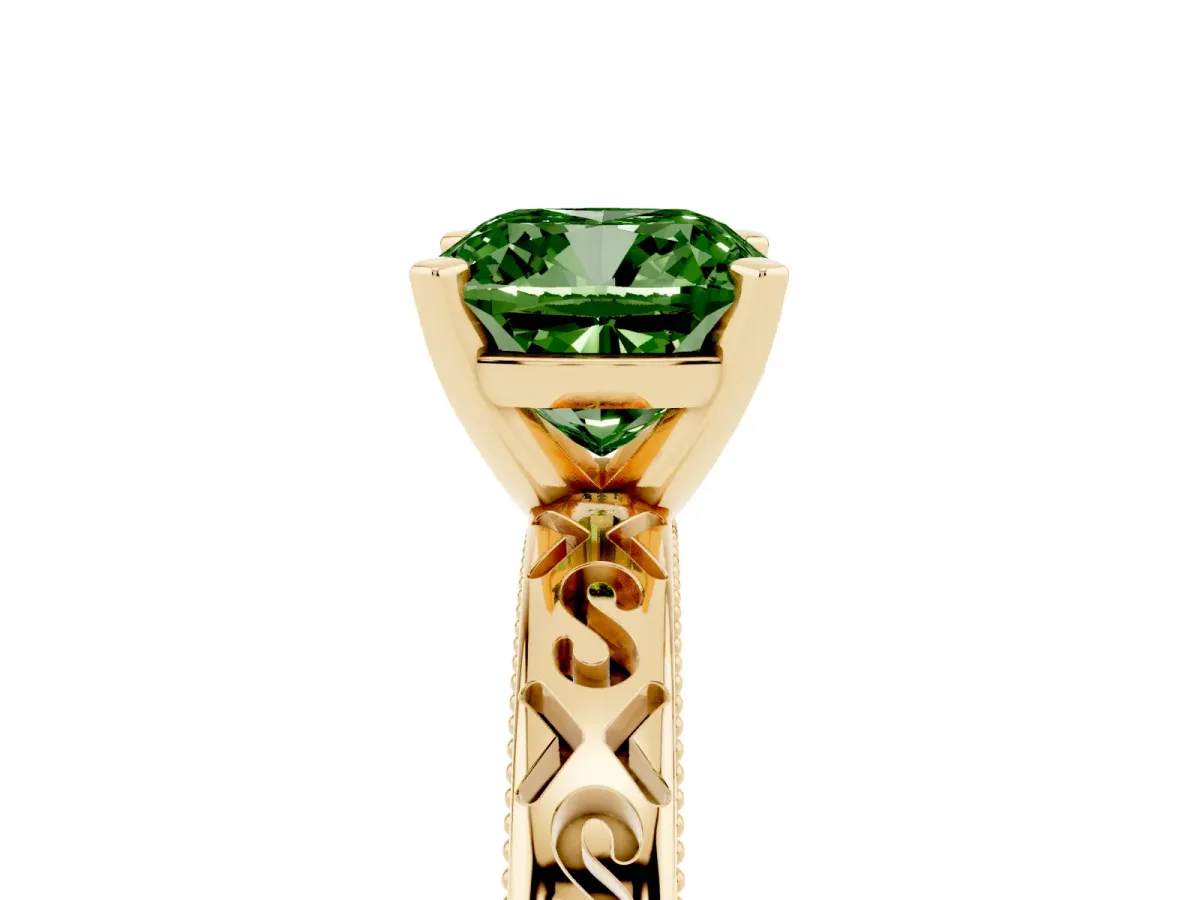Fancy Green Cushion Cut Solitaire Engagement Ring with Scrollwork Band and Four-Prong Setting Yellow gold