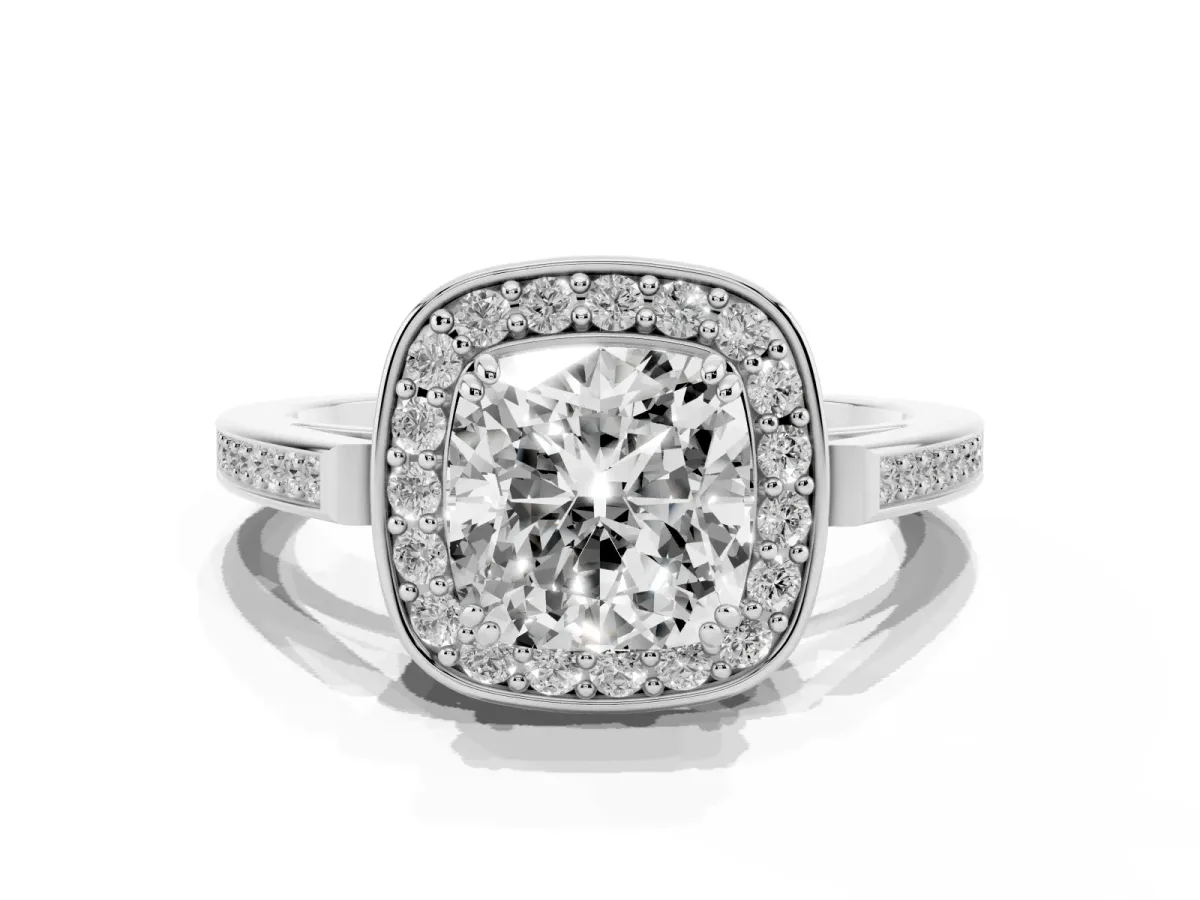 Cushion Cut Diamond Halo Ring with Split Shank and Four-Prong Setting Platinum