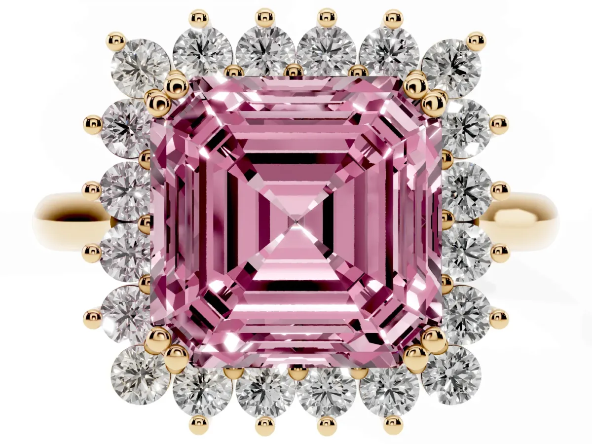 Fancy Pink Asscher Cut Cut Diamond Halo Ring with Solitaire Band and Prong Setting Yellow gold