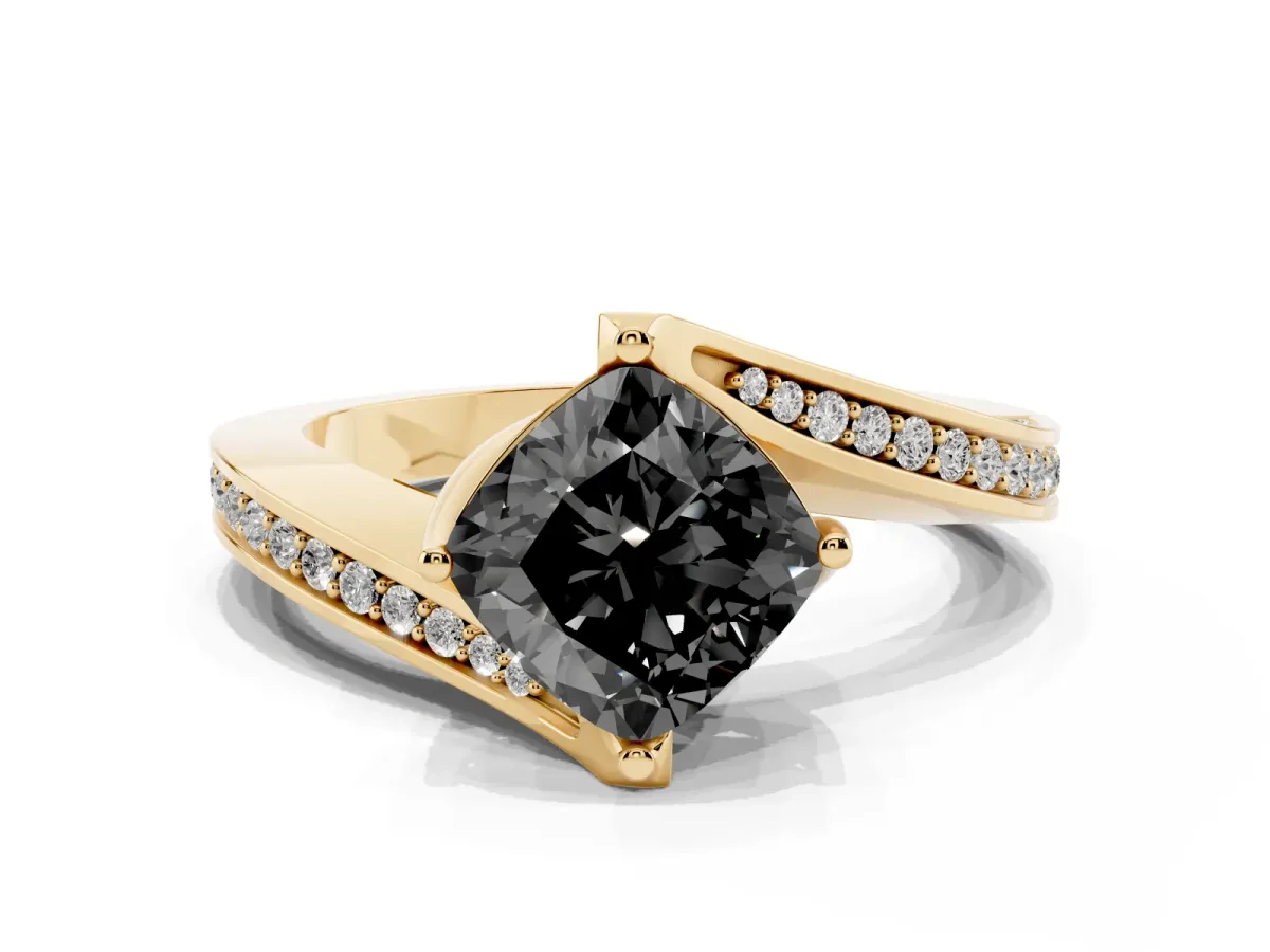 Fancy Black Cushion Cut Solitaire Diamond Twist Band with Pavé Setting and Four-Prong Setting Yellow gold