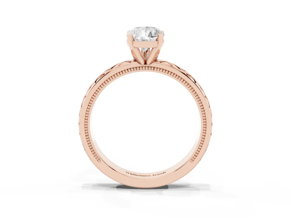Pear Cut Solitaire Diamond Ring with Milgrain and Black Enamel X Pattern Band Rose gold