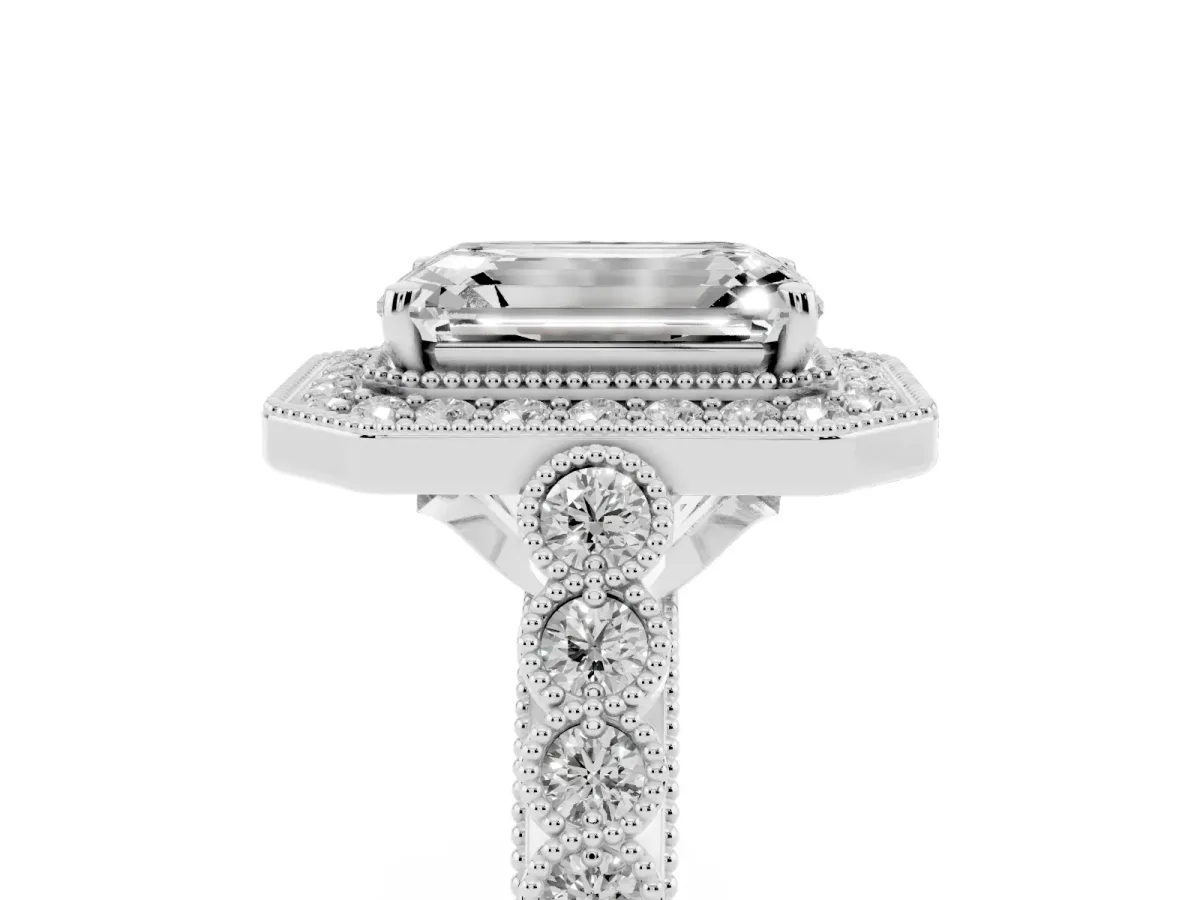 Emerald Cut Halo Milgrain Solitaire with Bezel Set Side Stones and Pave Band White gold