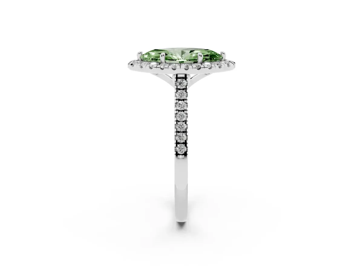 Fancy Green Marquise Cut Diamond Cushion Halo Ring with Pavé Band White gold