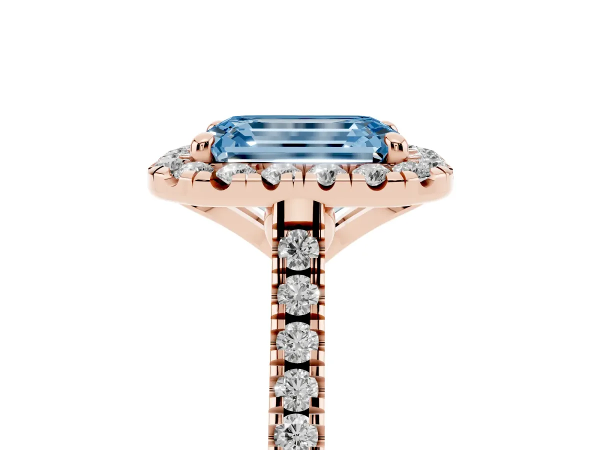 Fancy Blue Emerald Cut Diamond Cushion Halo Ring with Pavé Band Rose gold