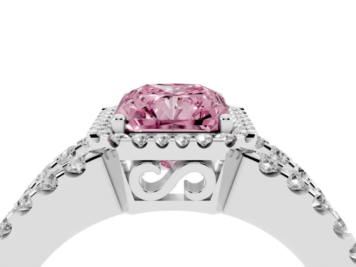 Fancy Pink Radiant Cut Cut Halo Split Shank Diamond Ring with Four-Prong Setting Silver