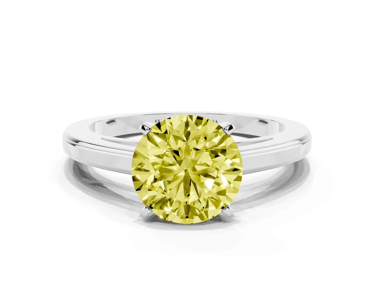 Fancy Yellow Round Cut Solitaire Diamond Ring with Four-Prong Setting and Classic Band Platinum