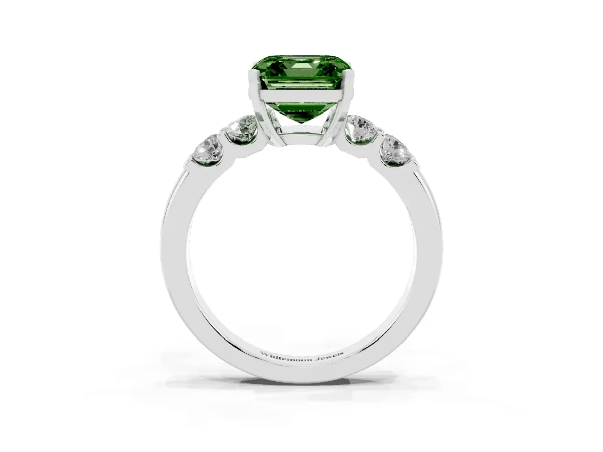 Fancy Green Asscher Cut Brilliant Cut Diamond Five-Stone Prong Set Engagement Ring with Channel Band Silver