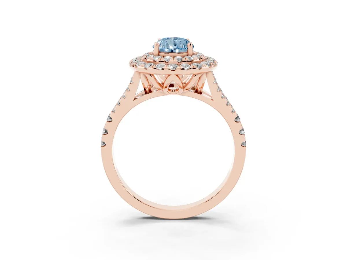 Fancy Blue Double Halo Pear Cut Diamond Pavé Split Shank Ring with Prong Setting Rose gold
