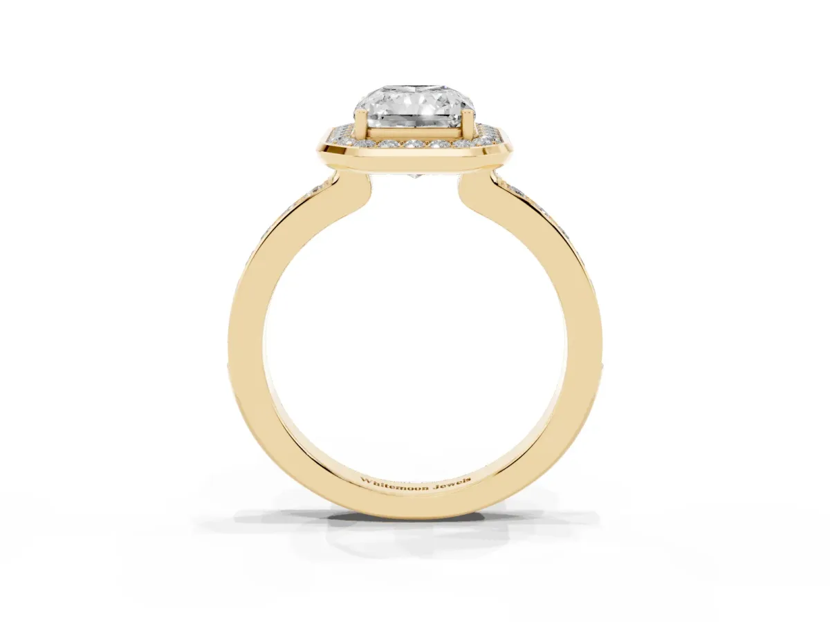 Radiant Cut Diamond Halo Ring with Bezel Frame and Pavé Band Yellow gold
