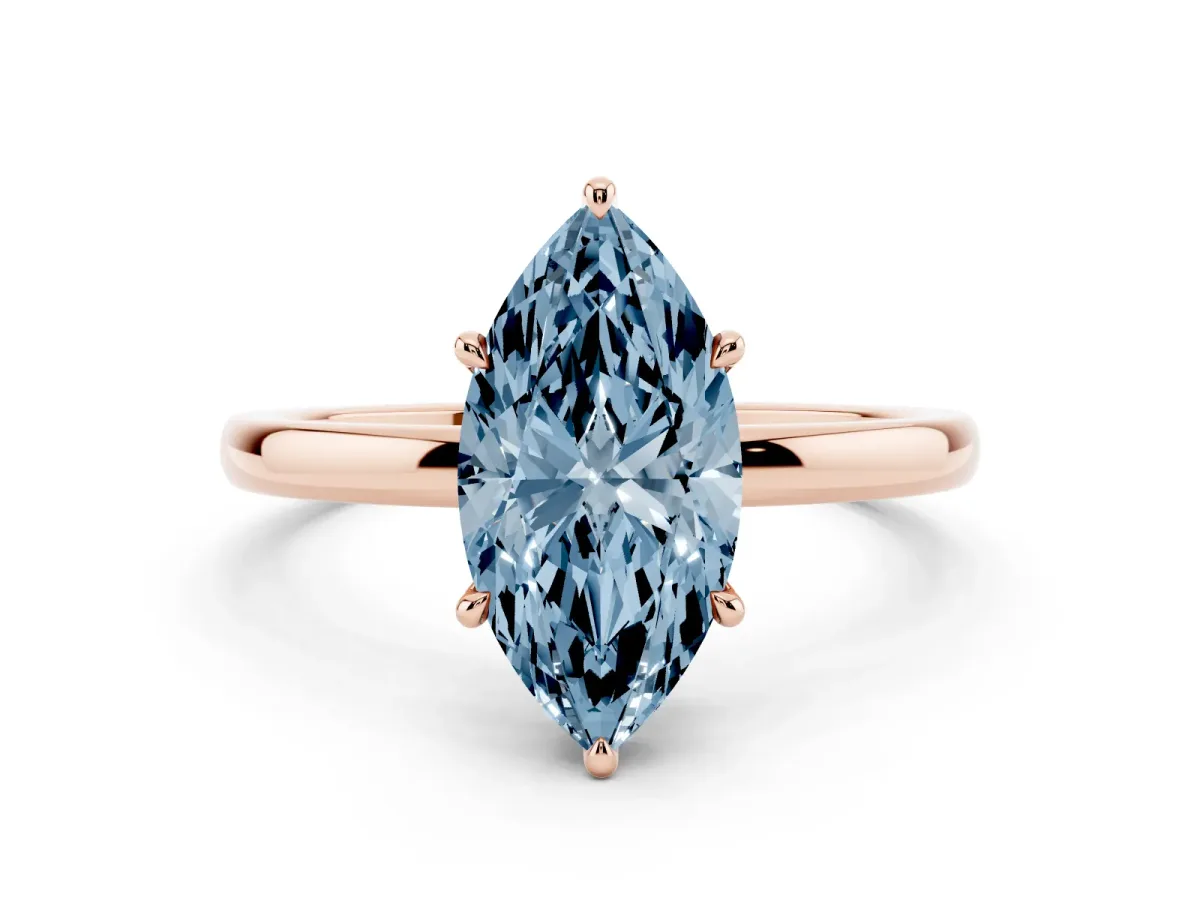 Fancy Blue Marquise Cut Solitaire Engagement Ring with Cathedral Band and Four-Prong Setting Rose gold