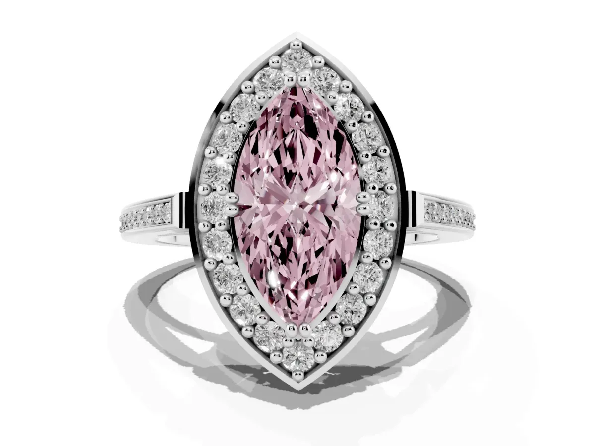 Fancy Pink Marquise Cut Diamond Halo Ring with Split Shank and Four-Prong Setting Silver