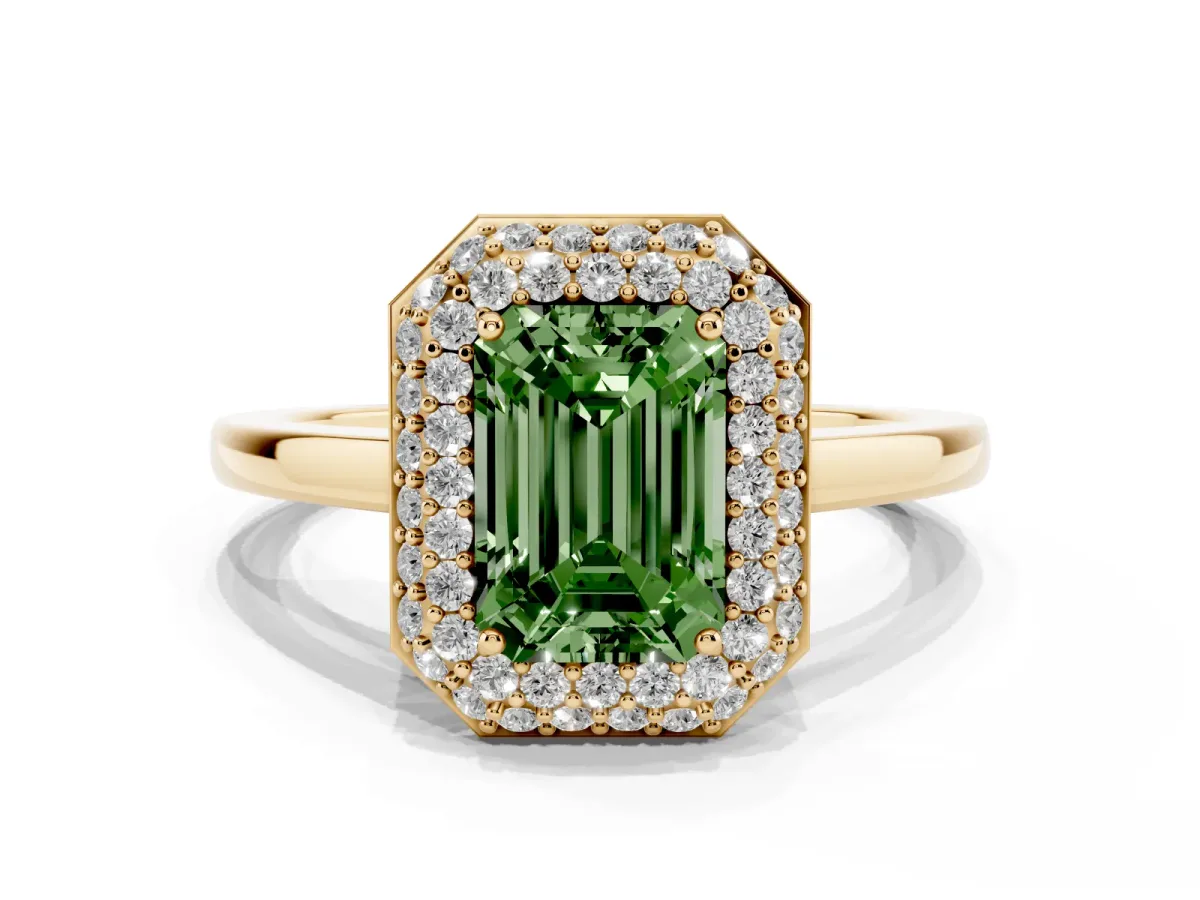Fancy Green Emerald Cut Halo Diamond Engagement Ring with Solitaire Band and Four-Prong Setting Yellow gold