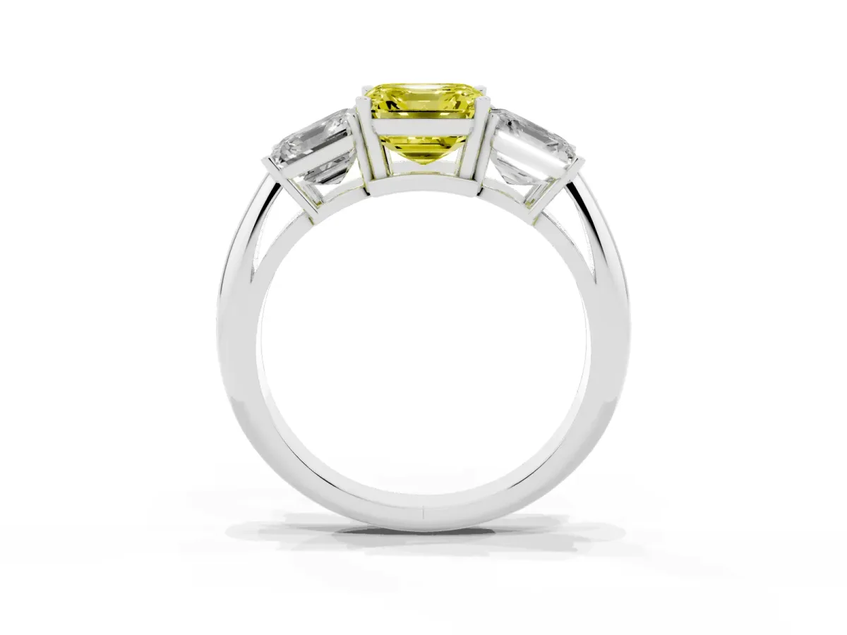 Fancy Yellow Three-Stone Asscher Cut Cut Diamond Engagement Ring with Prong Setting on a White Gold Band Silver