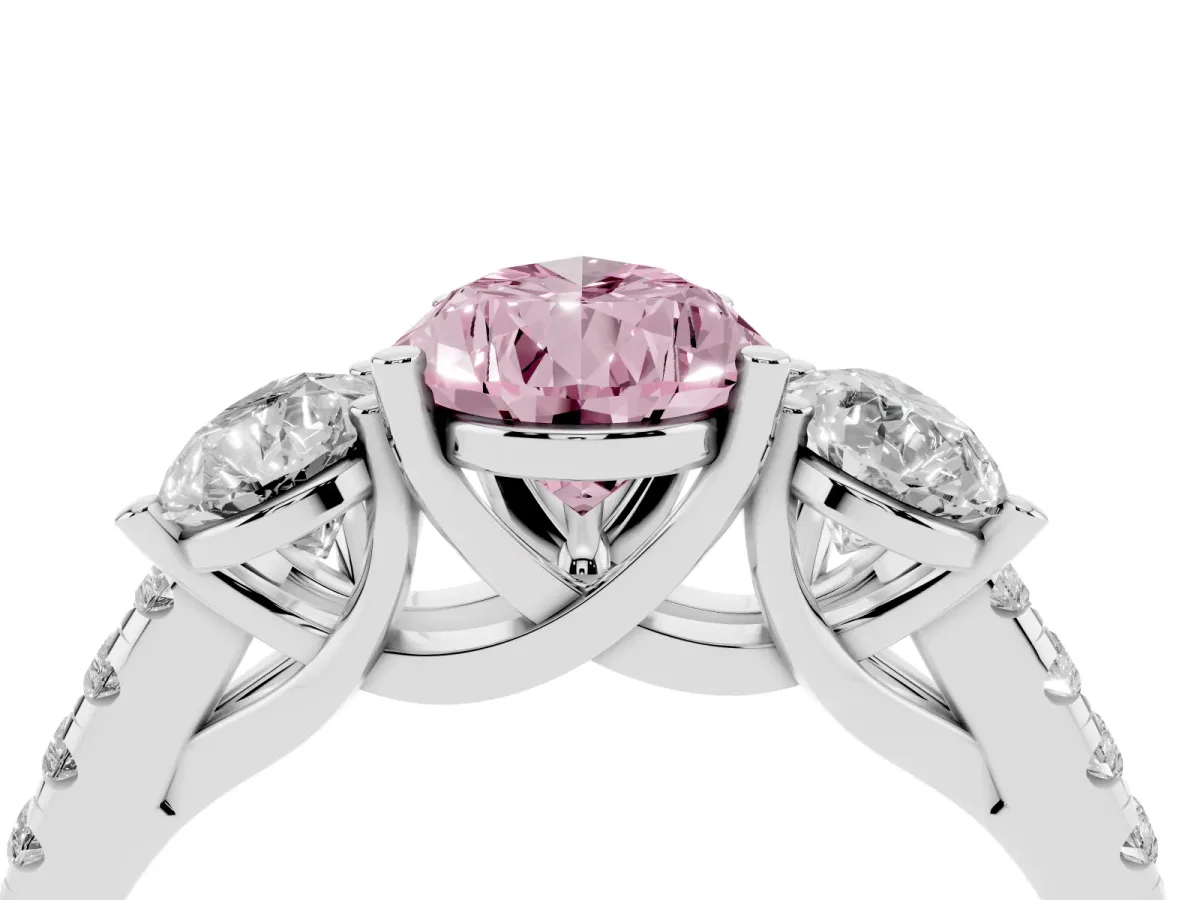 Fancy Pink Three-Stone Pear Cut Diamond Ring with Round Pavé Band and Prong Setting Silver