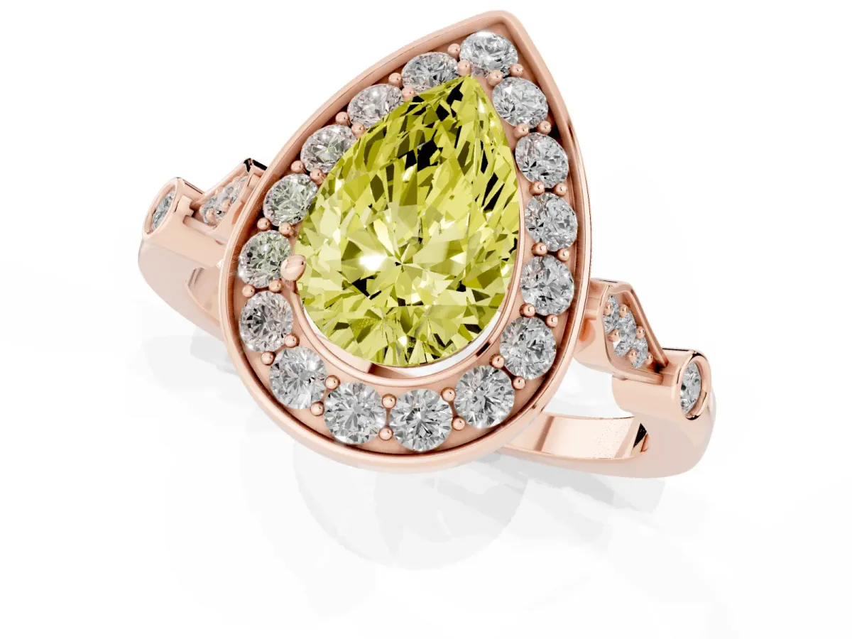 Fancy Yellow Pear Cut Halo Diamond Engagement Ring with Twisted Band and Four-Prong Setting Rose gold