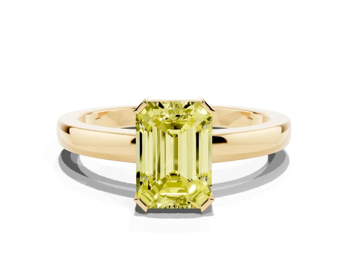 Fancy Yellow Emerald Cut Cut Solitaire Ring with Four-Prong Setting and Classic Band Yellow gold