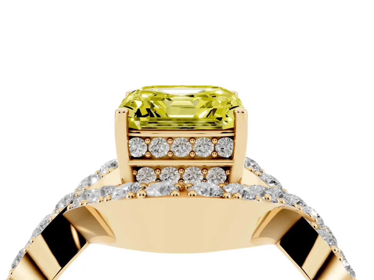 Fancy Yellow Asscher Cut Solitaire Twist Band Pavé Diamond Engagement Ring Yellow gold